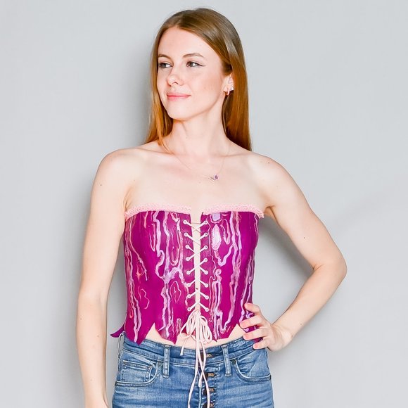 Vintage Tops - VINTAGE Real Leather Hand Painted Lace-Up Corset Top